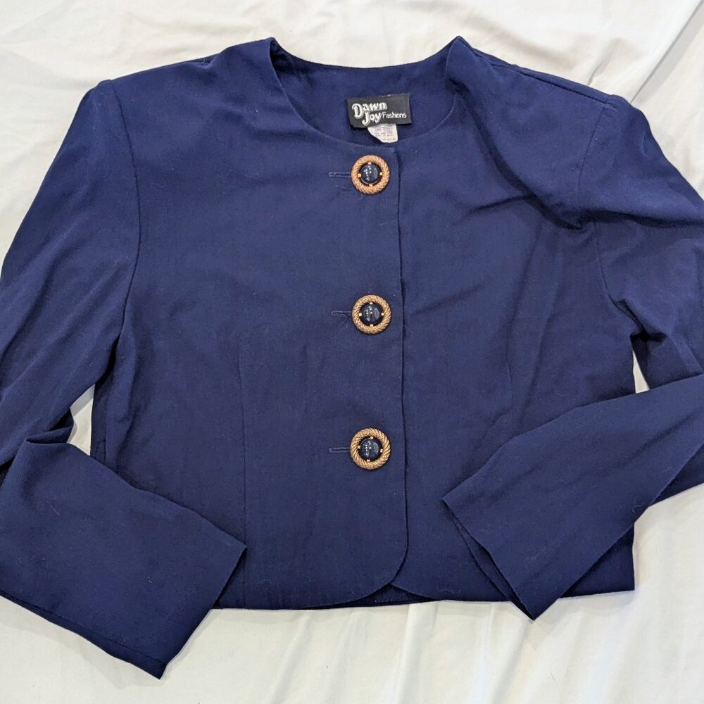 VTG 80's Dawn Joy Fashions Navy Cropped Blouse Size 7-8